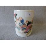 Late Qing dynasty brush pot, painted with figures in coloured enamels 13cmH