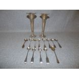 Pair hallmarked silver flower vases & mixed silver condiment spoons 3ozt