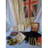 3 embroidered panels, 2 ostrich feather fans, velvet purse, flag & a box set of Japanese screens