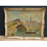 Oil on board swept frame venetian scene, waterway with gondola, signed and dated 1952, 49x64cm