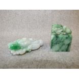 Chinese jade lotus pod, 7cm & a spinach jade carving with fo-dog