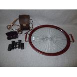 Pince Nez, pair of binoculars, oval cut glass tray.