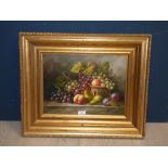 Oil on panel, still life study of fruit and fauna, in a basket, gilt framed, 28.5x38.5cm