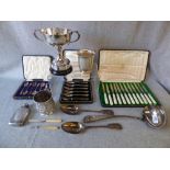 Collection of silver flatware, some cased, a William Bateman soup ladle, a small silver hip flask, a