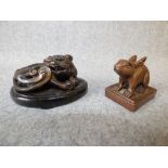 Chinese bronze rabbit seal & bronze recumbent buffalo on wooden stand