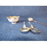 White metal bowl, pair white metal spoons & sauce ladle 8ozt, qty of silver plate, to include