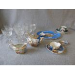 Meissen bachelors tea set. Tea cup broken. Meissen mug and bowl. 8 cut glass wine glasses.