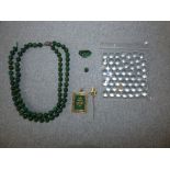 Chinese green stone necklace, qty of crystal balls, a green jade pendant and Chinese pin