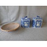 Pair early C20th Chinese hexagonal blue & white canisters & covers 18cm H & ~Chinese pottery three