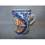 C19th Chinese export mug painted with panels of figures, birds & trees, 13cm H