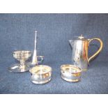 Pair silver plated wine coasters, chamber stick & hot water jug