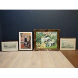 Oil on board of garden scene & 3 mixed prints