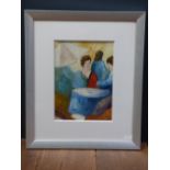 Studio framed oil painting portrait of ladies seated at cafe