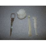 2 Chinese white jade buckle, white jade dragon &white metal paper knifes (4)