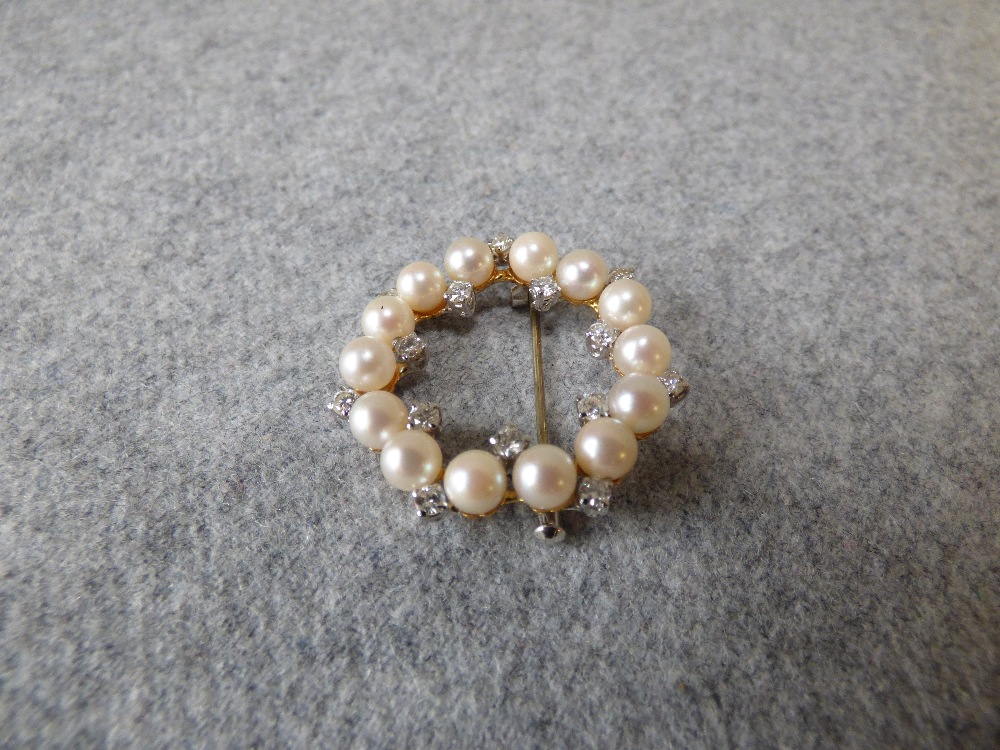 Cultured pearl and diamond, 18ct gold, circlet brooch, the fourteen pearls of approx. 5mm diameter - Image 2 of 3