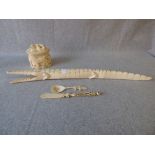 Late C19th / early C20th ivory carved crocodile, 54cm L. a lidded box & cover & bone spoon &