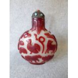 Chinese red overlay frosted glass scent bottle decorated with birds & animals, white metal