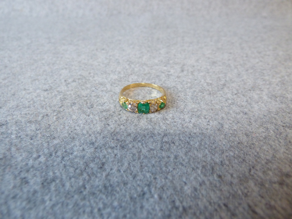 Late Victorian emerald and diamond five stone ring, the graduated emeralds with two old cut - Image 2 of 3