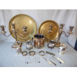 Oak & silver plated 3 handled cooped mug, 3 silver bangles, 2 brass chargers & mixed plated items