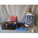 Blue & white Chinese style table lamp & qty mixed toy vehicles etc