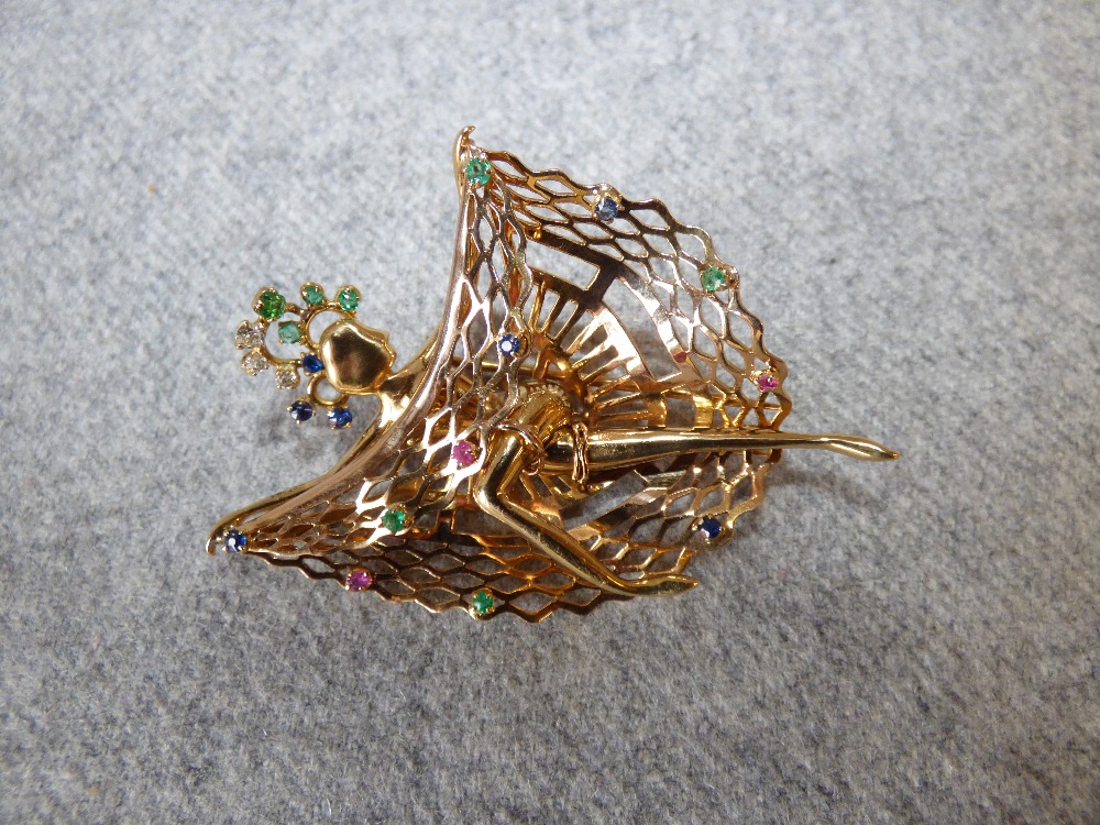 French gem set Can-Can girl brooch set with diamonds, rubies, emeralds & sapphires with control - Image 2 of 3