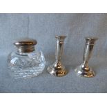 Hallmarked silver & glass ink well by J G & S of Birmingham & pair of silver candle sticks