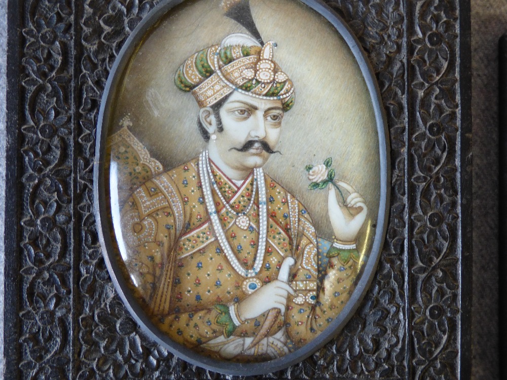 Moghul School portrait miniature of a Prince / Maharaja possibly painted on ivory within an ebonised - Image 2 of 5