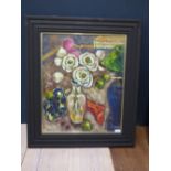 Studio framed oil painting still life , flowering blooms in an interior, signed Mallory, 57x47cm