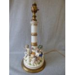 Late C19th Meissen style Candlestick/lamp base with gilt metal mounts, the fluted column above a