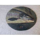 Victorian oval oil on canvas laid on board of head of a salmon with a salmon fly, 24H x 30Wcm