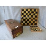 Early 20th C Hardwood Cash till, the rectangular outline and brass & early 20th C framed chess set