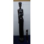 African hardwood carved figure of a Ghanaian lady 140cm H and African hardwood figure of a lady 46