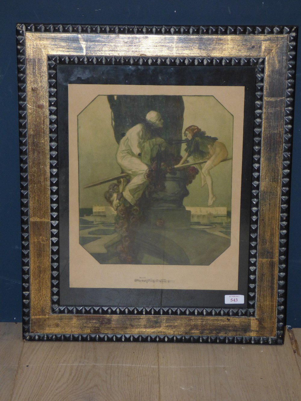 Early C20th romantic lithograph portrait of Pierrot and a female companion PLEASE always check
