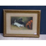 Gilt framed oil painting of terriers in a barn 20.5 cm x 34 cm PLEASE always check condition