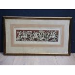 Gilt framed and glazed engraving of classical figures with horses and chariots inscribed in margin