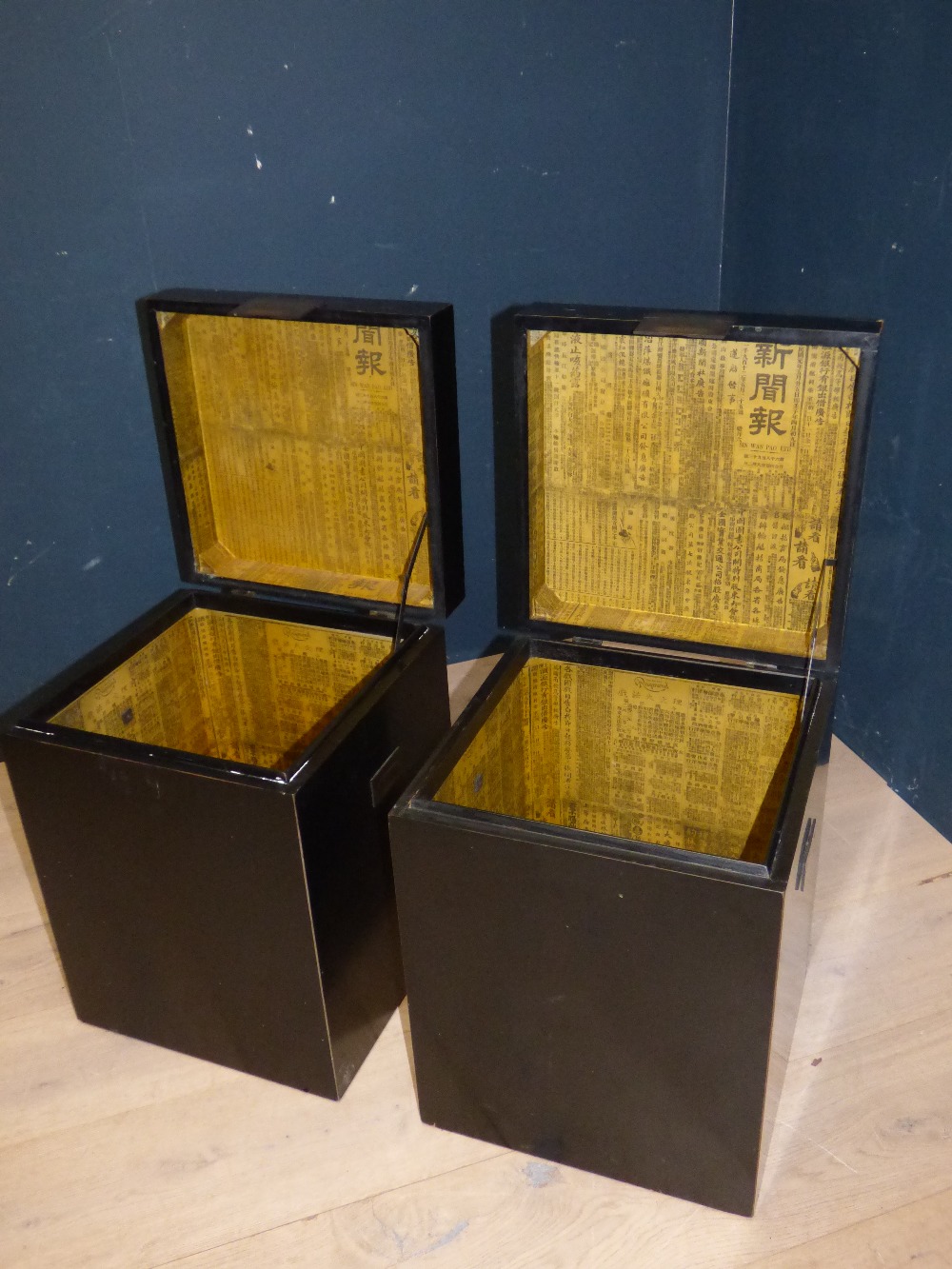 Pair of decorative Chinese lacquered finish hinge lid boxes by 'Sin Wan Pao Ltd' 60H x 45W cm PLEASE - Image 2 of 2