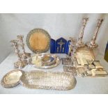 Collection of electroplated wares, including four pairs of candlesticks, entree dishes, a wine