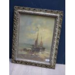 Pierced framed oil painting seascape fisherfolk with horse and cart beside fishing boats on a