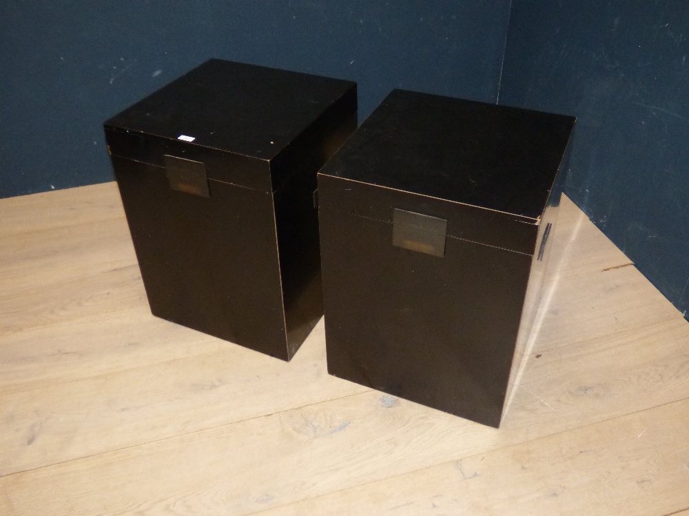 Pair of decorative Chinese lacquered finish hinge lid boxes by 'Sin Wan Pao Ltd' 60H x 45W cm PLEASE