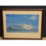 C20th school, a watercolour study of a cruise ship with propellered airplane above signed and