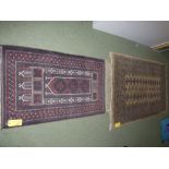 Small burgundy ground prayer rug 134L x 83W cm & beige ground Eastern rug 194L x 127W cm (2)