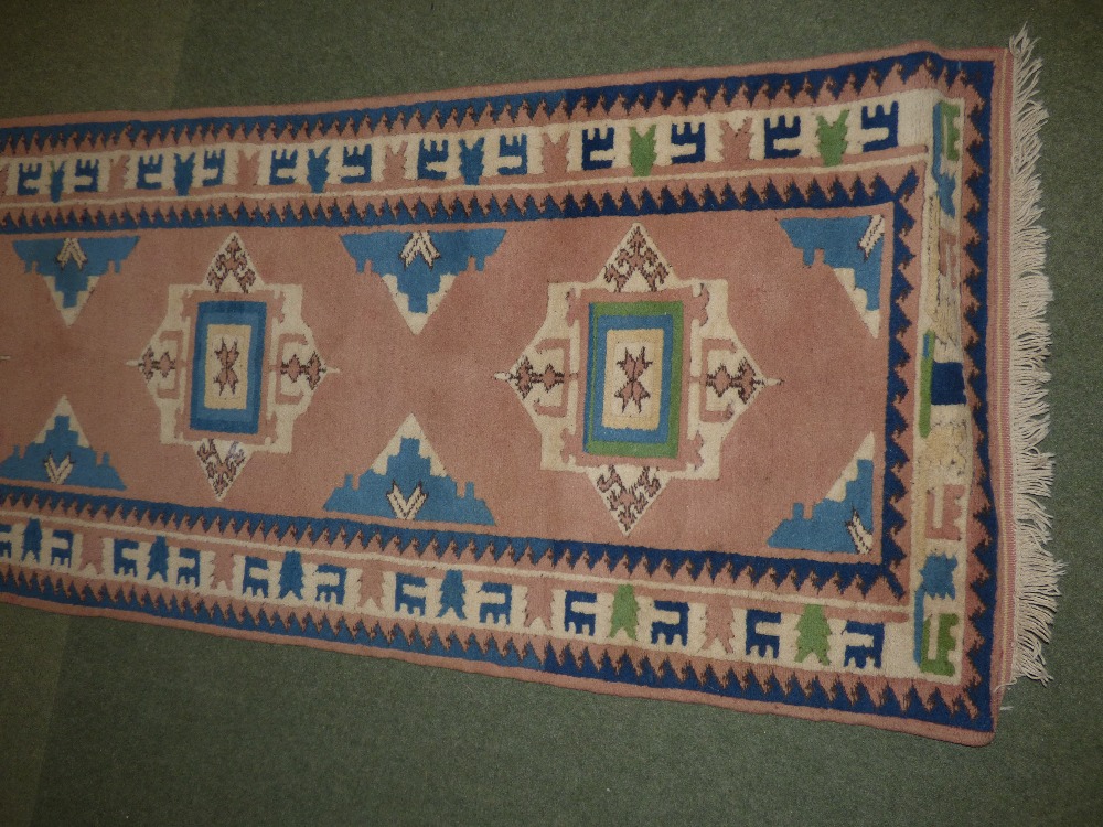 Persian style runner with borders of cream, blue and pinks and central motifs 410L x 94Wcm PLEASE - Image 2 of 2