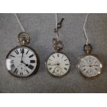 Open face Swiss keyless lever chronograph pocket watch with white enamel dial, damaged, & silver