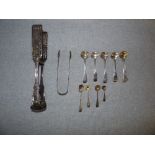French silver pastry or cake tongs with control marks, a pair of silver sugar tongs and ten silver