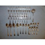 Matched part table service of antique silver feather edge flatware, various dates and makers,