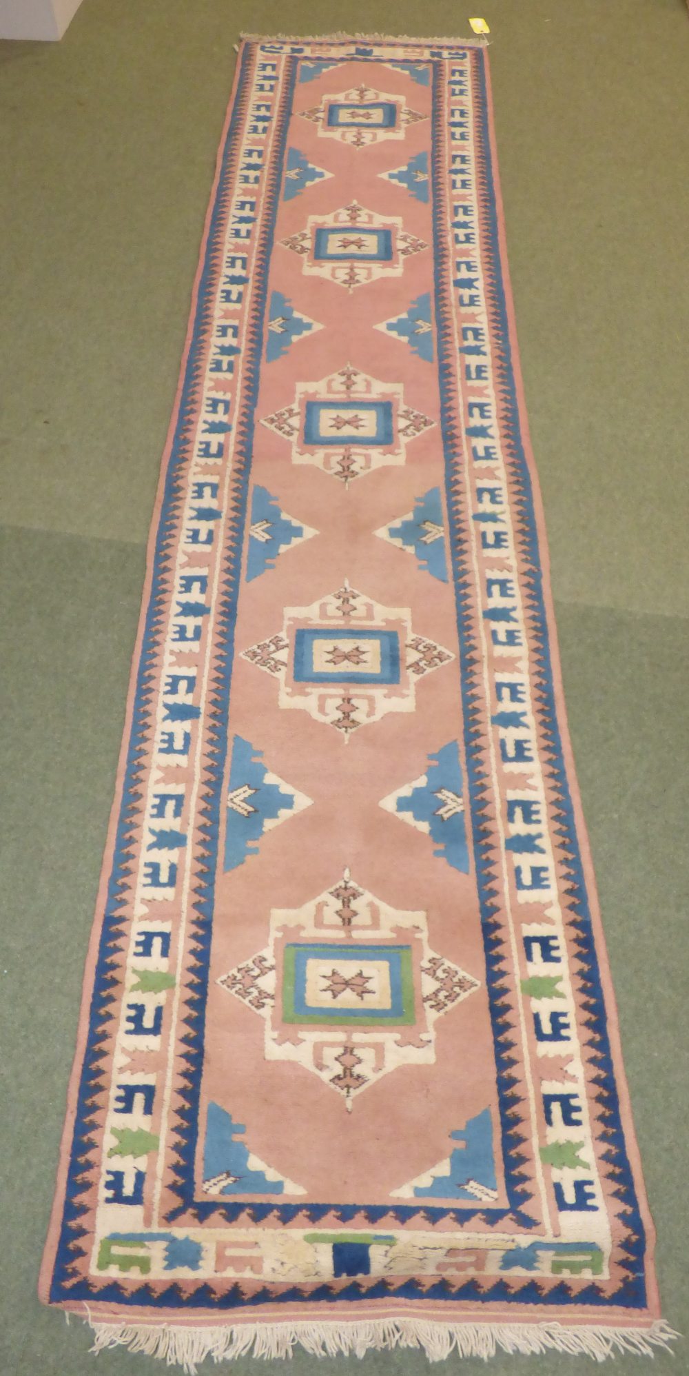 Persian style runner with borders of cream, blue and pinks and central motifs 410L x 94Wcm PLEASE