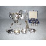 George V silver circular tray, Edwardian two handle cup, caddy spoon, cake knives, six coffee spoons