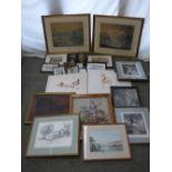 Tatsur, pair of river landscapes, watercolours, assorted pictures, portrait engravings &