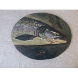 Victorian oval oil on canvas laid on board of head of a salmon with a salmon fly, 24H x 30Wcm PLEASE