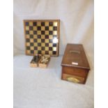 Early 20th C Hardwood Cash till, the rectangular outline and brass & early 20th C framed chess set